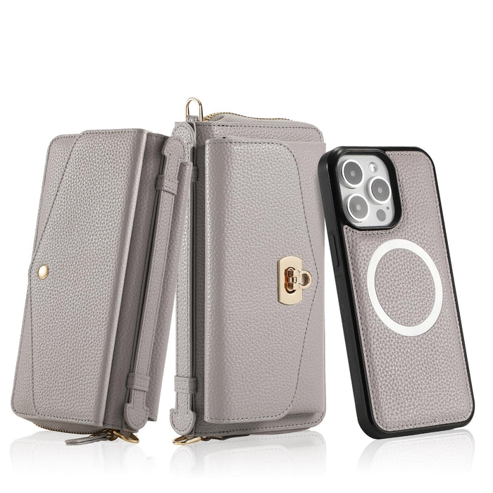 For Iphone 15 Magsafe Crossbody Multi-Functional Zipper Wallet Litchi Leather Phone Case