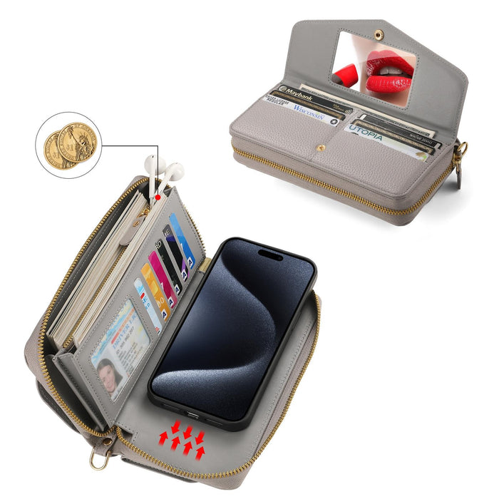 For Iphone 15 Magsafe Crossbody Multi-Functional Zipper Wallet Litchi Leather Phone Case