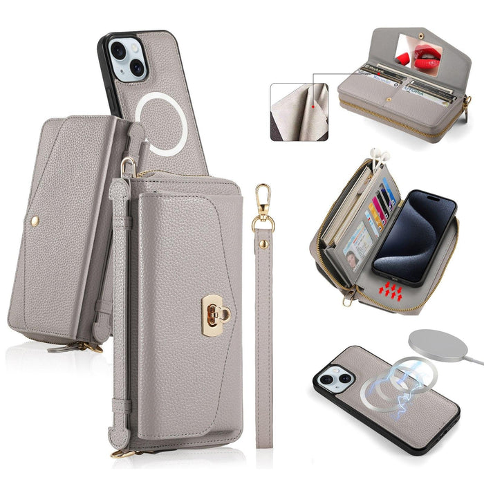 For Iphone 15 Magsafe Crossbody Multi-Functional Zipper Wallet Litchi Leather Phone Case