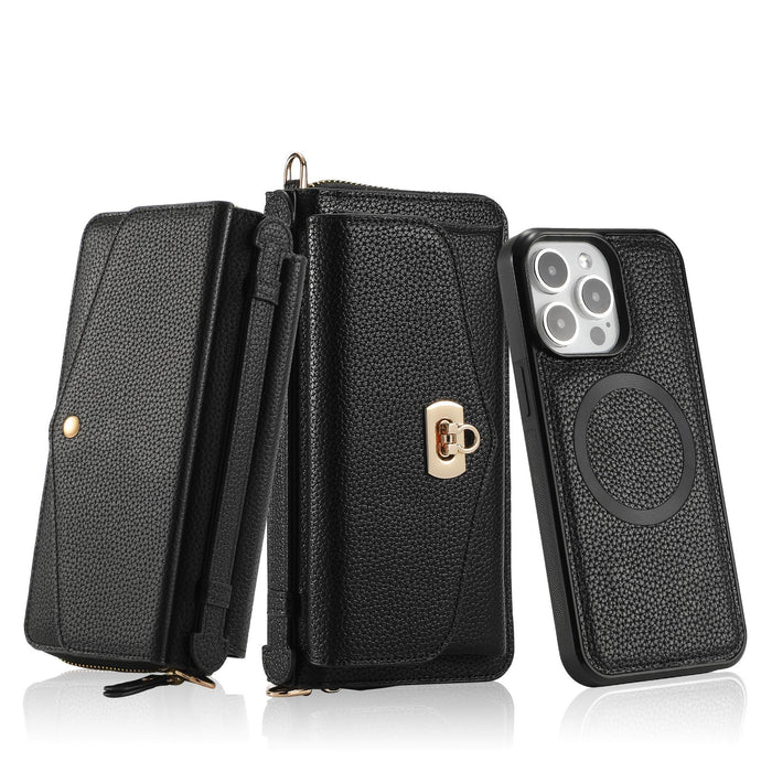 For Iphone 15 Magsafe Crossbody Multi-Functional Zipper Wallet Litchi Leather Phone Case
