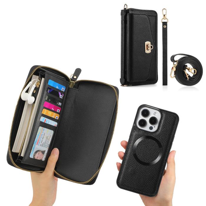 For Iphone 15 Magsafe Crossbody Multi-Functional Zipper Wallet Litchi Leather Phone Case