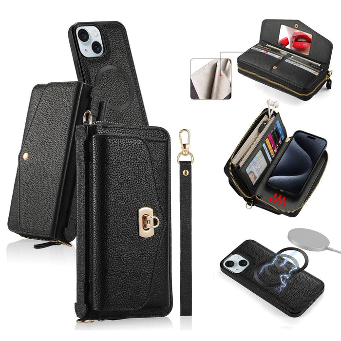For Iphone 15 Magsafe Crossbody Multi-Functional Zipper Wallet Litchi Leather Phone Case
