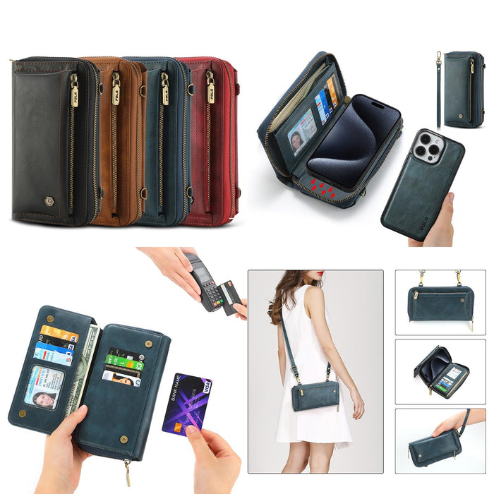 For Iphone 15 Crossbody Multi-Functional Zipper Wallet Leather Phone Case