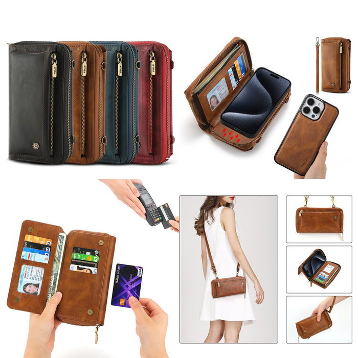 For Iphone 15 Crossbody Multi-Functional Zipper Wallet Leather Phone Case