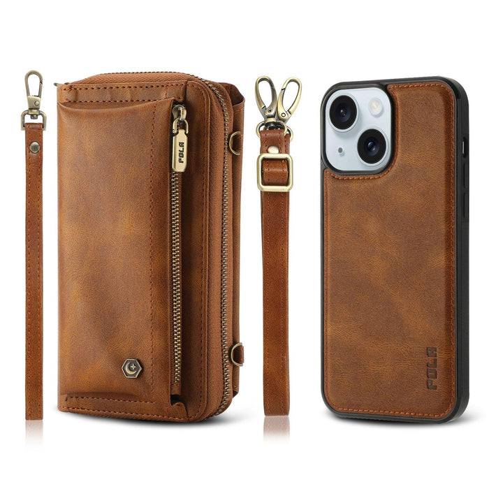For Iphone 15 Crossbody Multi-Functional Zipper Wallet Leather Phone Case