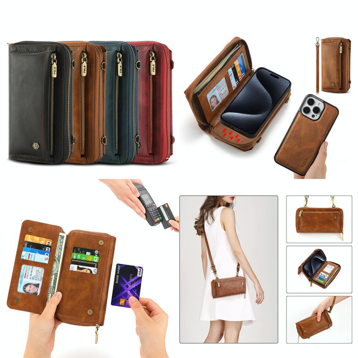 For Iphone 15 Crossbody Multi-Functional Zipper Wallet Leather Phone Case