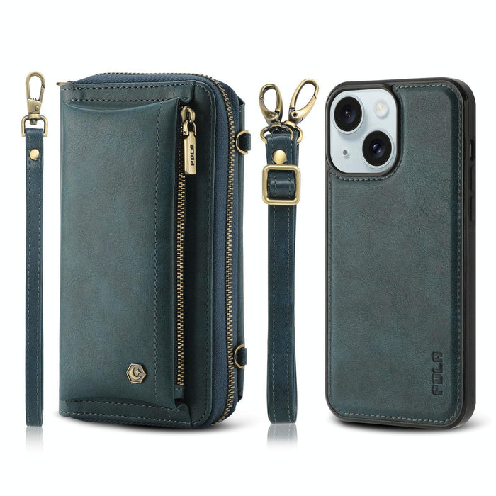 For Iphone 15 Crossbody Multi-Functional Zipper Wallet Leather Phone Case