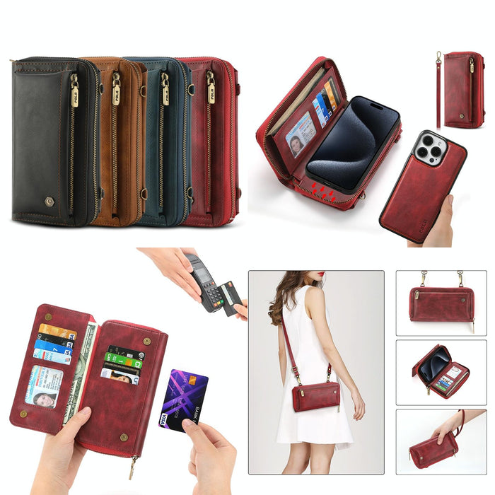 For Iphone 15 Crossbody Multi-Functional Zipper Wallet Leather Phone Case