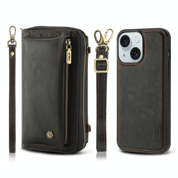 For Iphone 15 Crossbody Multi-Functional Zipper Wallet Leather Phone Case