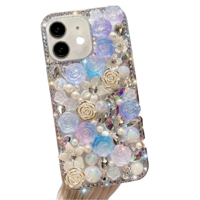 For Iphone 15 Rose Hand-Set Pearl Diamond Pc Phone Case