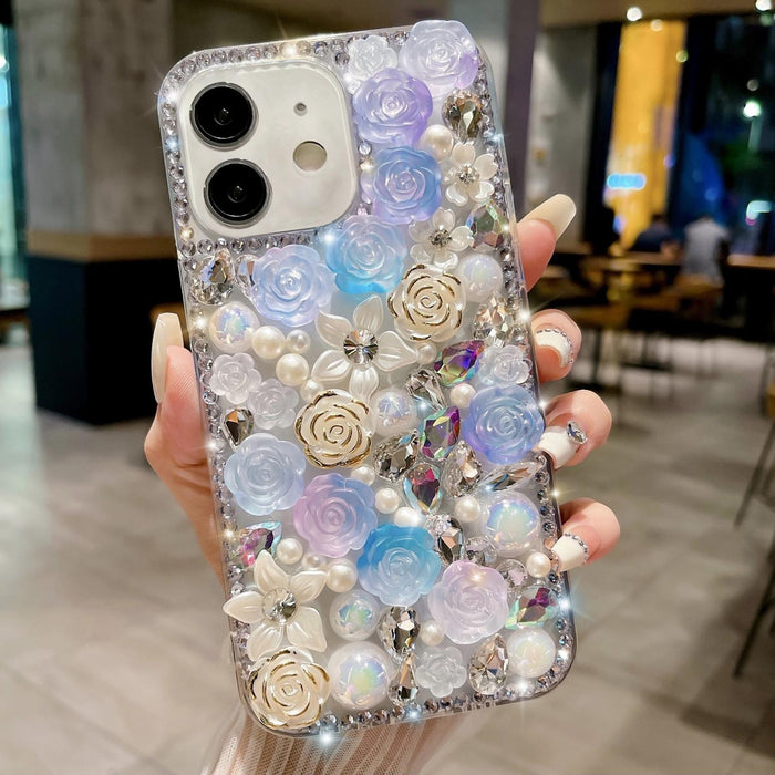 For Iphone 15 Rose Hand-Set Pearl Diamond Pc Phone Case