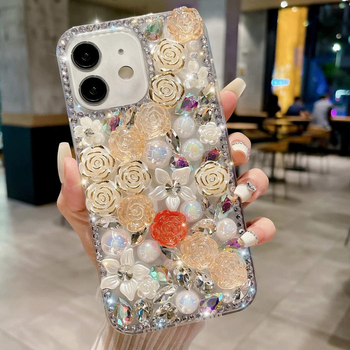 For Iphone 15 Rose Hand-Set Pearl Diamond Pc Phone Case
