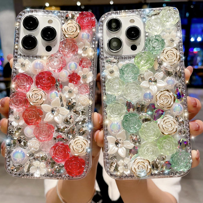 For Iphone 15 Rose Hand-Set Pearl Diamond Pc Phone Case