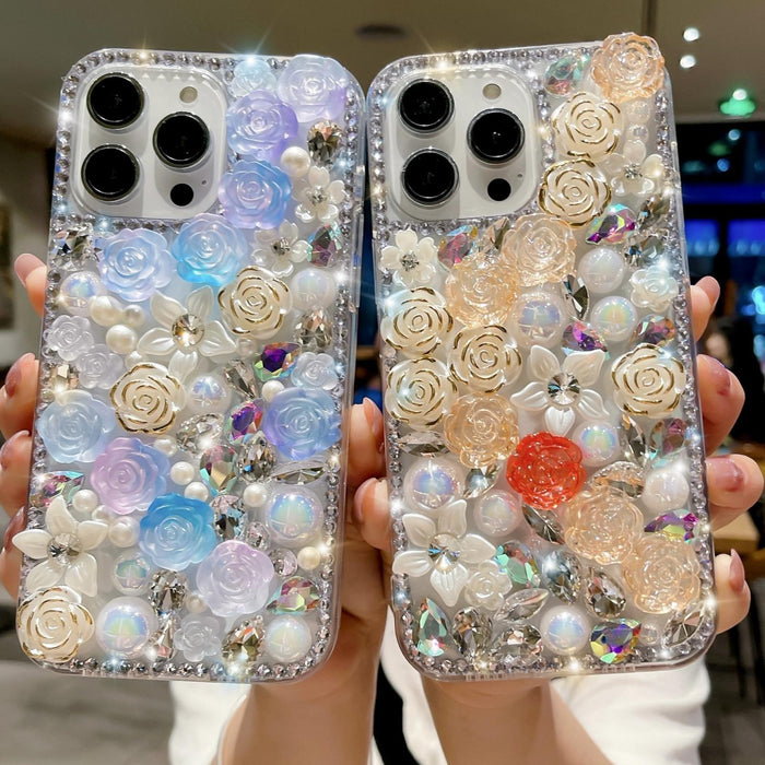 For Iphone 15 Rose Hand-Set Pearl Diamond Pc Phone Case
