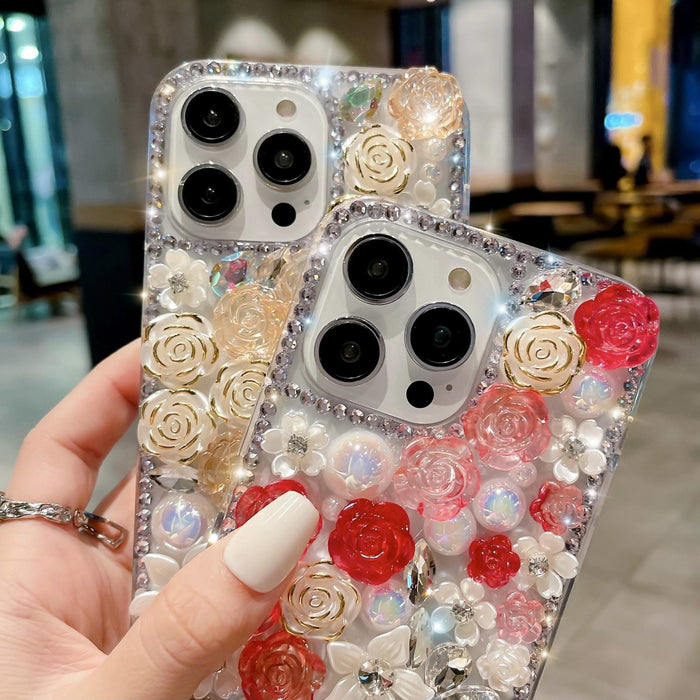 For Iphone 15 Rose Hand-Set Pearl Diamond Pc Phone Case