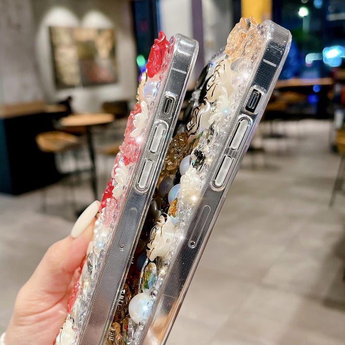 For Iphone 15 Rose Hand-Set Pearl Diamond Pc Phone Case