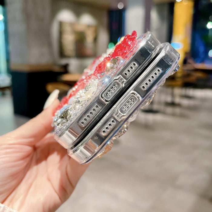 For Iphone 15 Rose Hand-Set Pearl Diamond Pc Phone Case