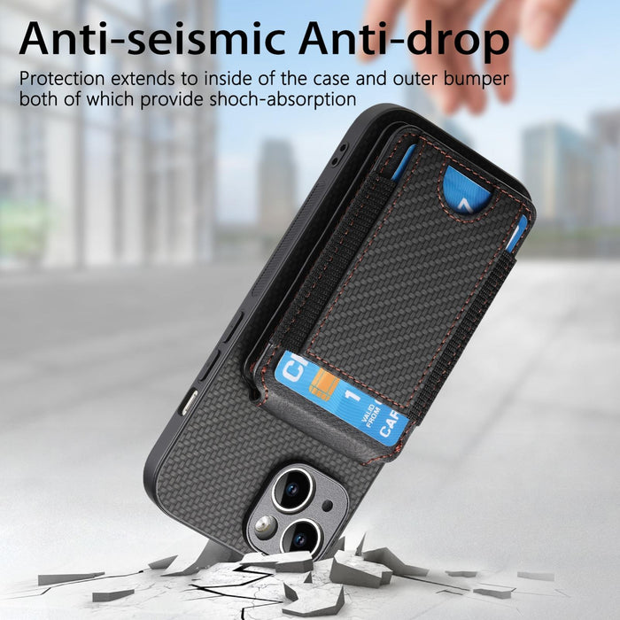 For Iphone 15 Carbon Fiber Vertical Flip Wallet Stand Phone Case