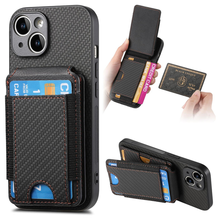 For Iphone 15 Carbon Fiber Vertical Flip Wallet Stand Phone Case