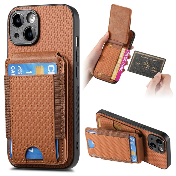 For Iphone 15 Carbon Fiber Vertical Flip Wallet Stand Phone Case