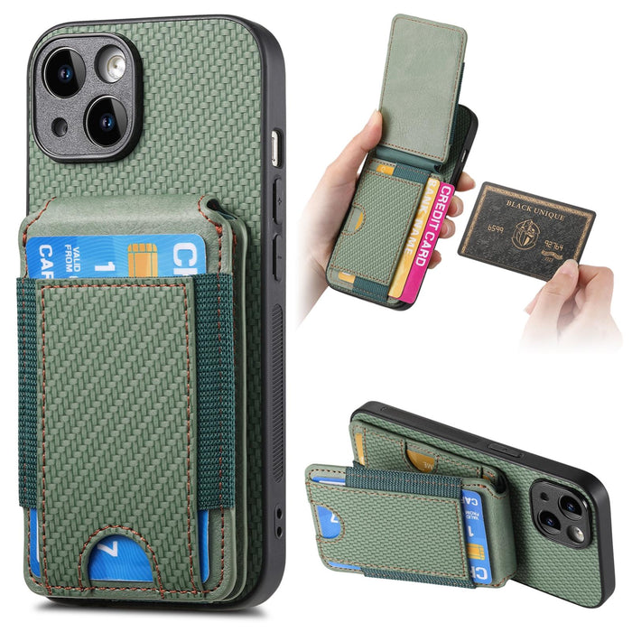 For Iphone 15 Carbon Fiber Vertical Flip Wallet Stand Phone Case