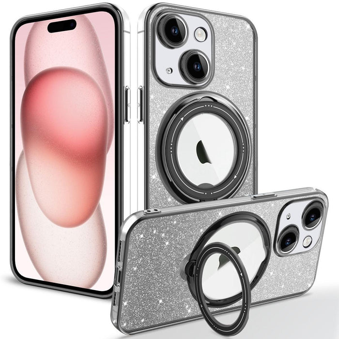For Iphone 15 Rotation Magsafe Holder Gradient Glitter Tpu Phone Case