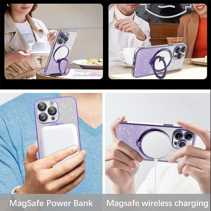 For Iphone 15 Rotation Magsafe Holder Gradient Glitter Tpu Phone Case