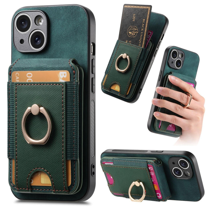 For Iphone 15 Retro Splitable Magnetic Stand Card Bag Leather Phone Case
