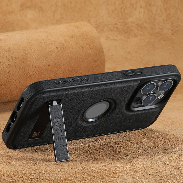 For Iphone 15 Magsafe Litchi Texture Leather Back Phone Case With Holder