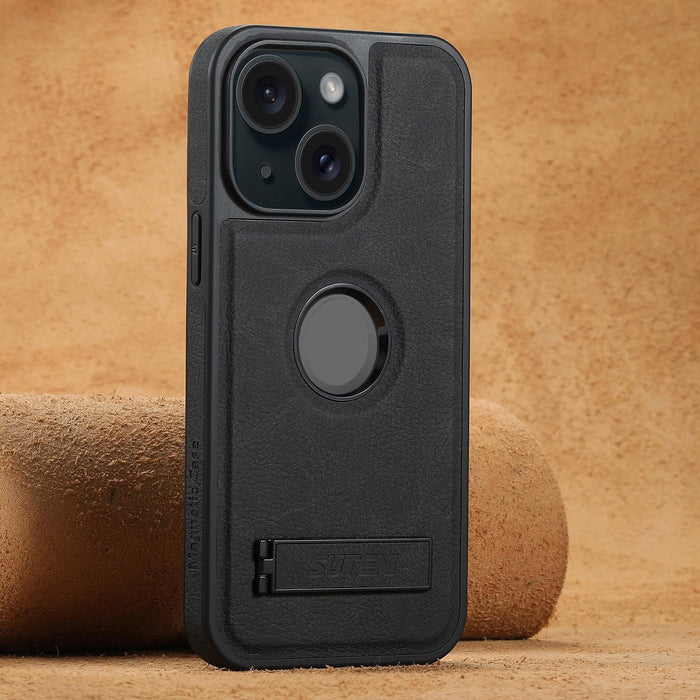 For Iphone 15 Magsafe Litchi Texture Leather Back Phone Case With Holder