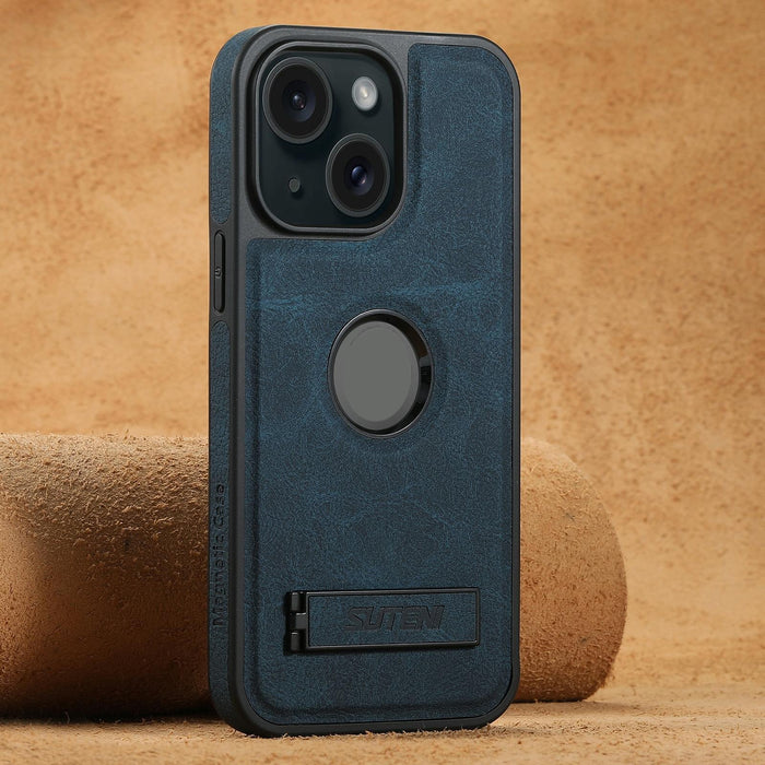 For Iphone 15 Magsafe Litchi Texture Leather Back Phone Case With Holder