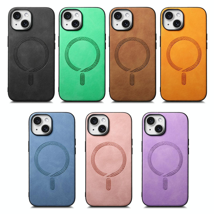 For Iphone 15 Solid Colour Retro Magsafe Pu Back Cover Phone Case