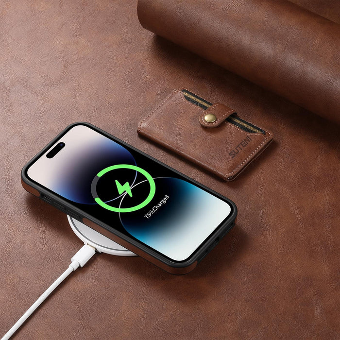 For Iphone 15 Oil Wax Magsafe Detachable Horizontal Card Bag Phone Case