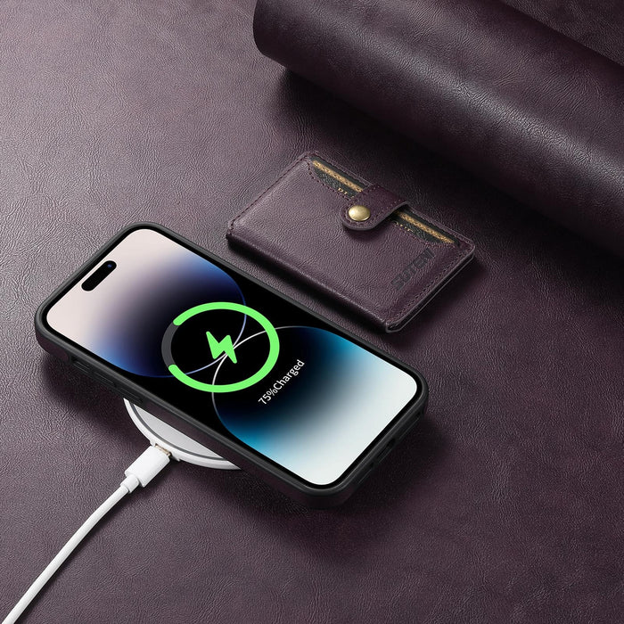 For Iphone 15 Oil Wax Magsafe Detachable Horizontal Card Bag Phone Case