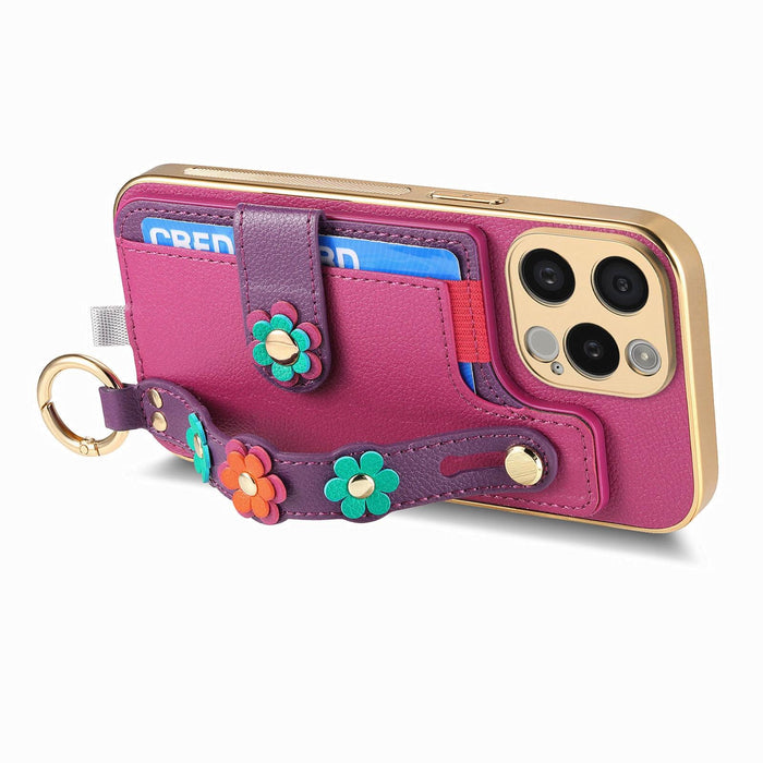 For Iphone 15 Stereoscopic Flowers Wristband Card Bag Phone Case