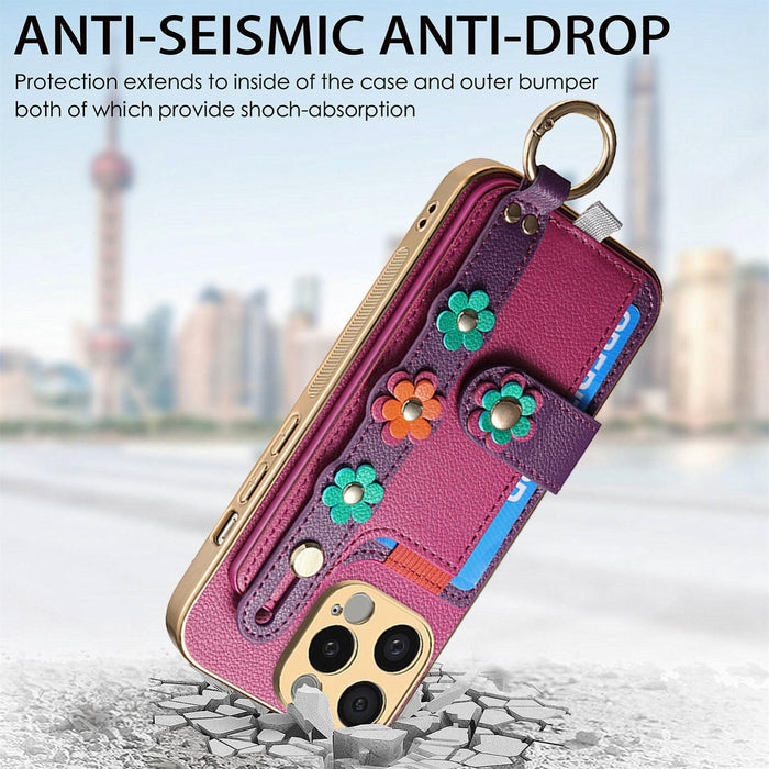 For Iphone 15 Stereoscopic Flowers Wristband Card Bag Phone Case