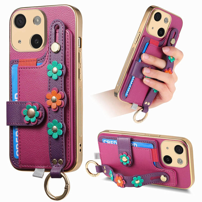 For Iphone 15 Stereoscopic Flowers Wristband Card Bag Phone Case
