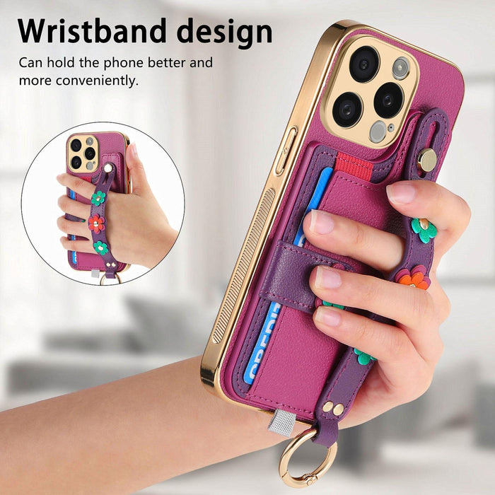 For Iphone 15 Stereoscopic Flowers Wristband Card Bag Phone Case