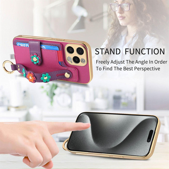 For Iphone 15 Stereoscopic Flowers Wristband Card Bag Phone Case