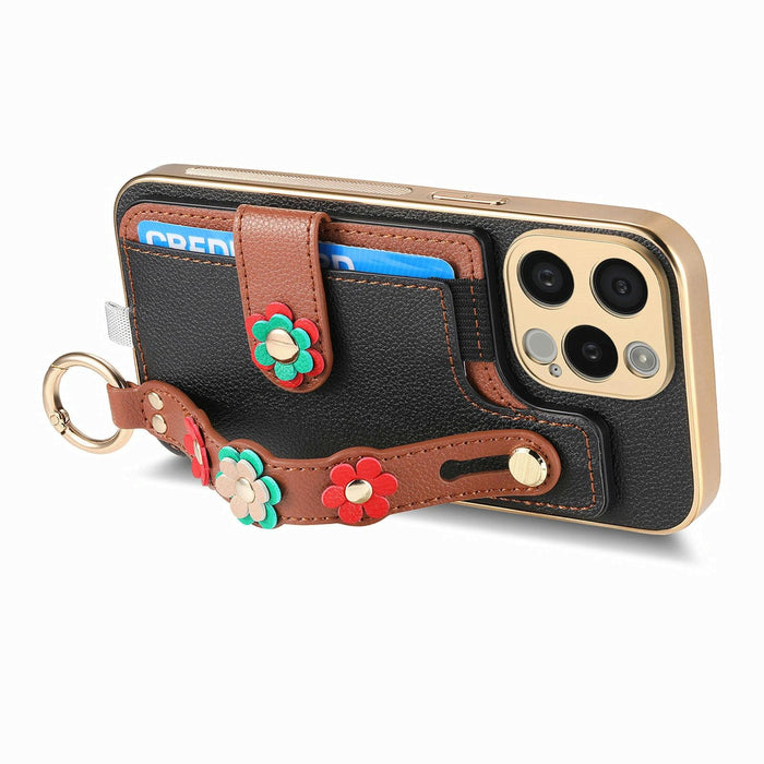 For Iphone 15 Stereoscopic Flowers Wristband Card Bag Phone Case