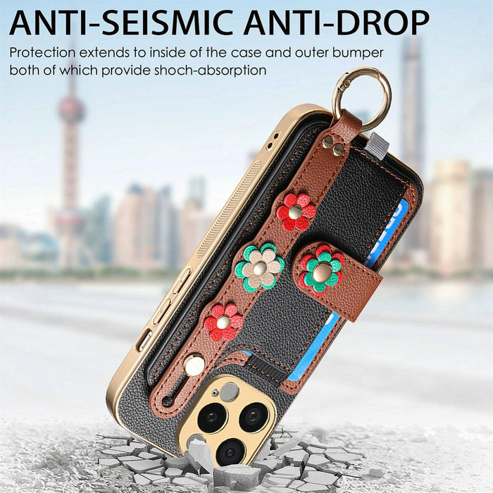 For Iphone 15 Stereoscopic Flowers Wristband Card Bag Phone Case