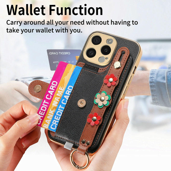 For Iphone 15 Stereoscopic Flowers Wristband Card Bag Phone Case
