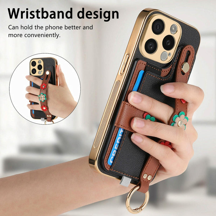For Iphone 15 Stereoscopic Flowers Wristband Card Bag Phone Case