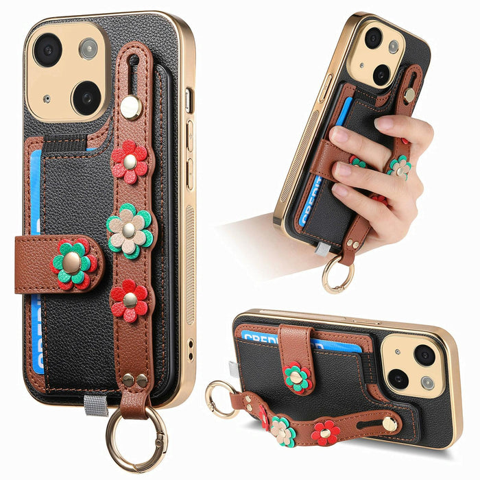 For Iphone 15 Stereoscopic Flowers Wristband Card Bag Phone Case