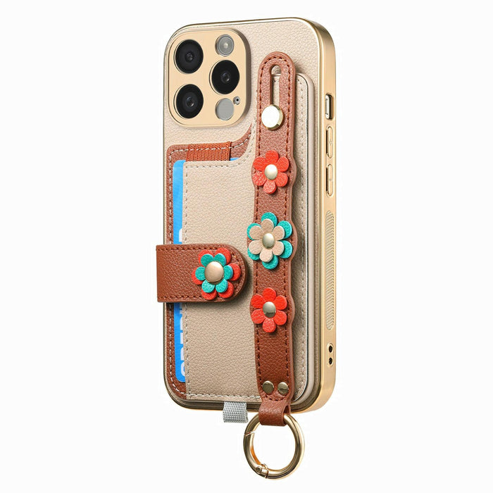 For Iphone 15 Stereoscopic Flowers Wristband Card Bag Phone Case
