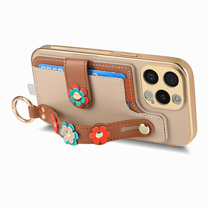 For Iphone 15 Stereoscopic Flowers Wristband Card Bag Phone Case