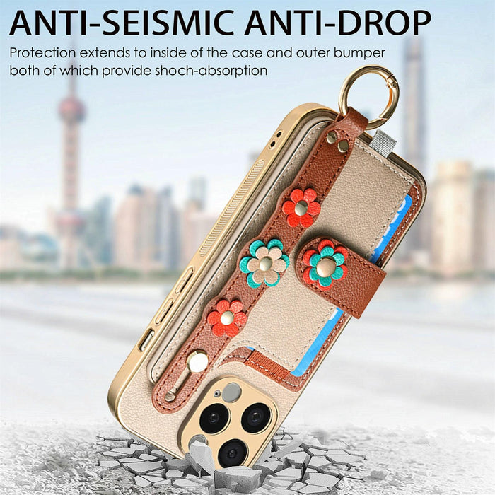 For Iphone 15 Stereoscopic Flowers Wristband Card Bag Phone Case