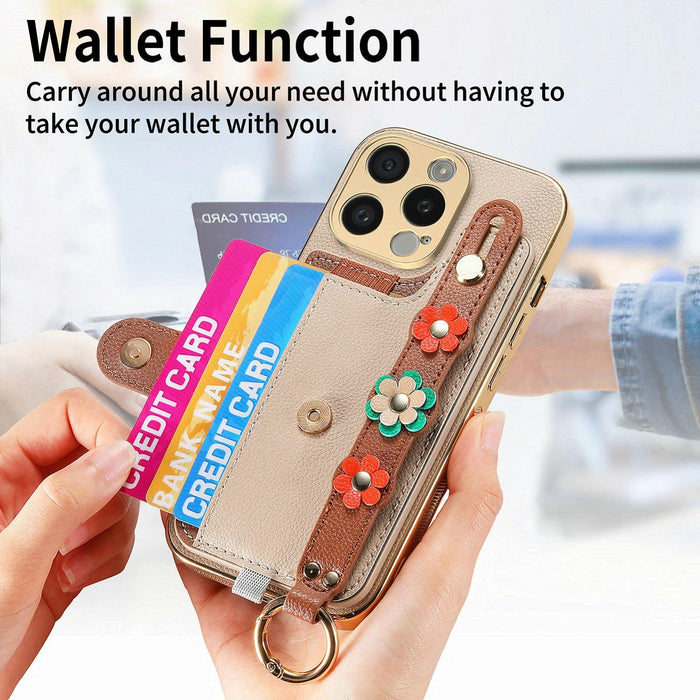 For Iphone 15 Stereoscopic Flowers Wristband Card Bag Phone Case