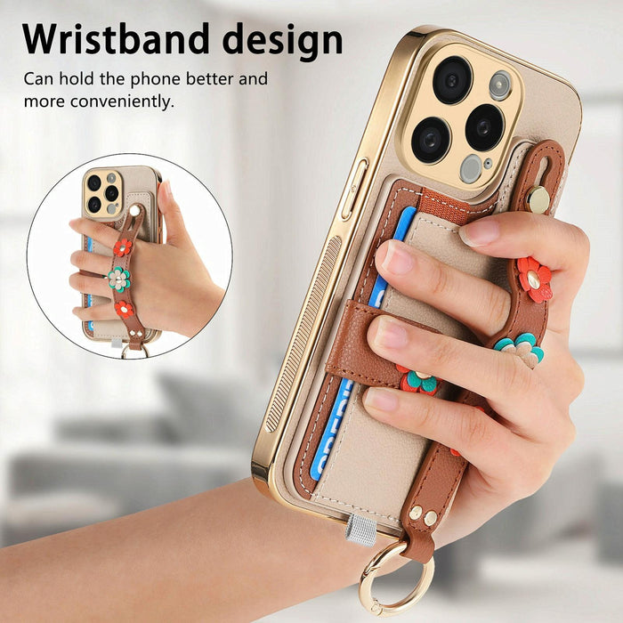 For Iphone 15 Stereoscopic Flowers Wristband Card Bag Phone Case