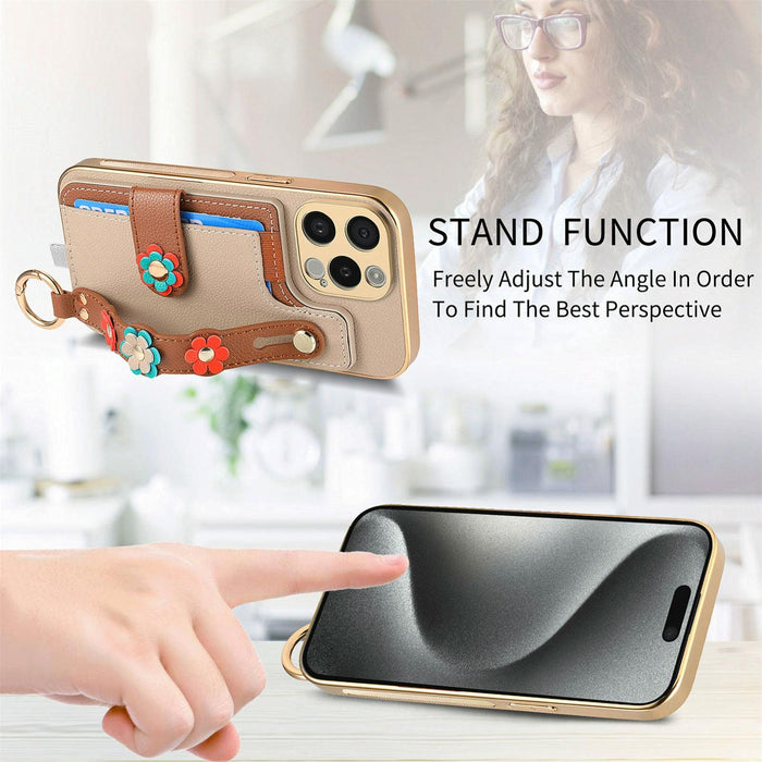 For Iphone 15 Stereoscopic Flowers Wristband Card Bag Phone Case